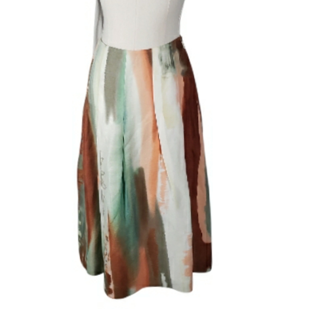 Linda Alard/Ellen Tracy Linen Silk Skirt 2 Box Pleat A-line Watercolor Abstract